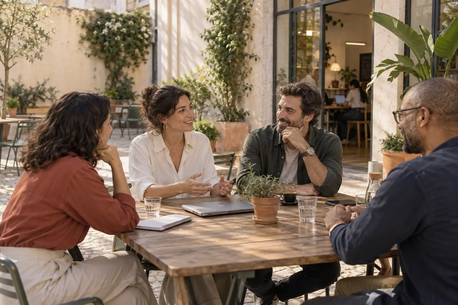 Quatro profissionais independentes conversam à mesa de uma esplanada